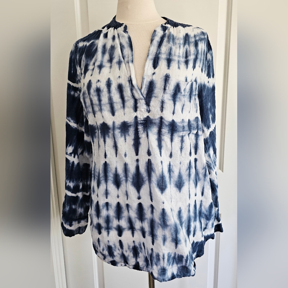 GAP Blue/White Linen Pull Over Tie Dye Tunic Top Sz L
